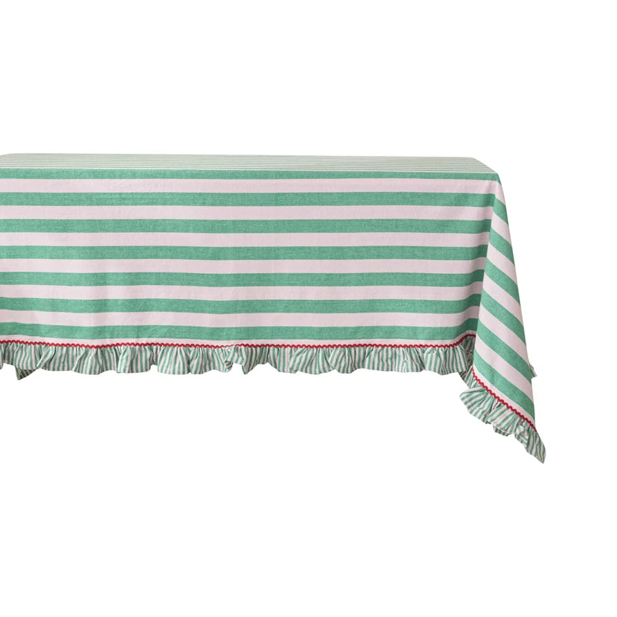 Woven Cotton Striped Tablecloth w/ Ruffle & Ric Rac Trim, Green, Pink & Red