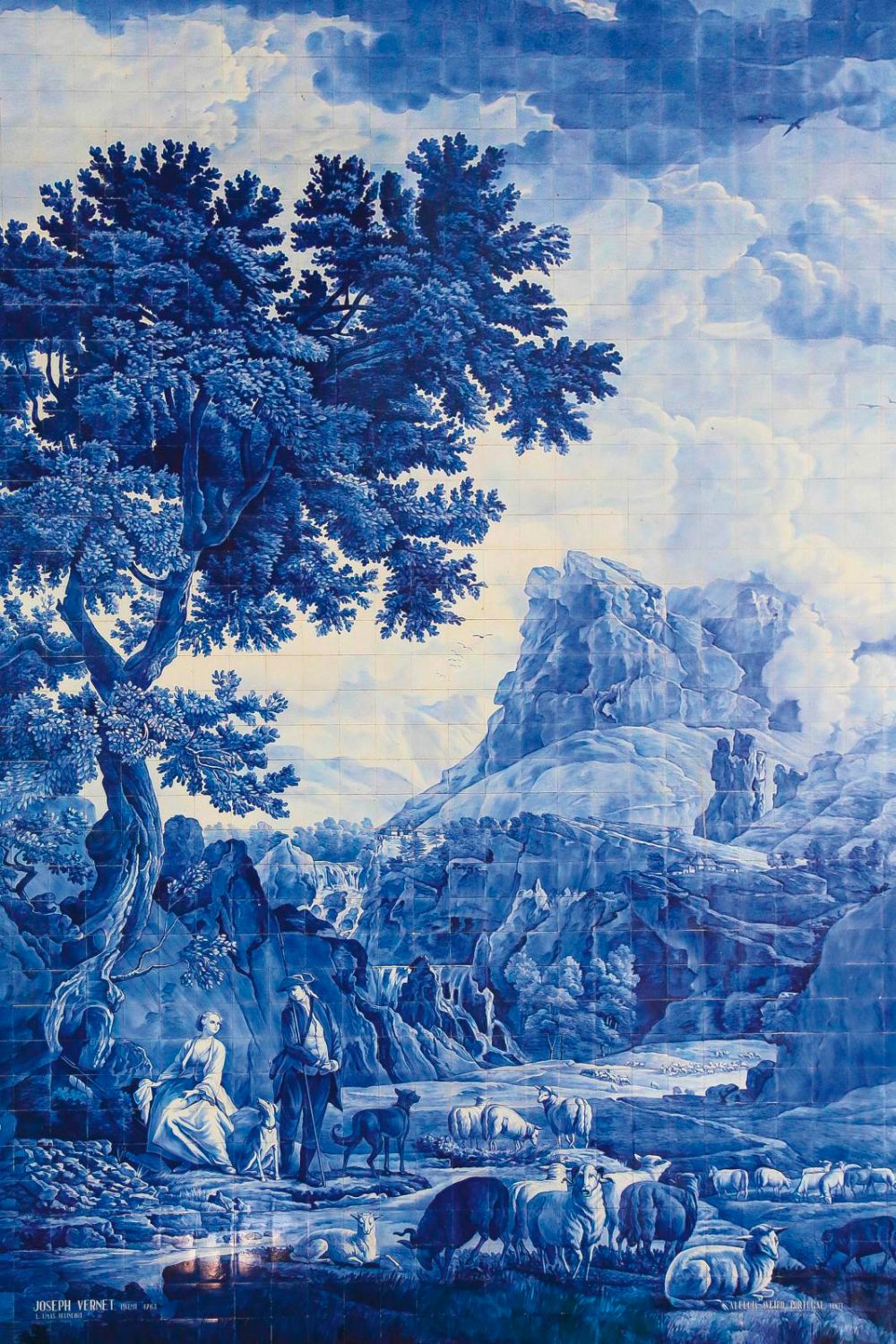 Famous painting of a landscape with a tree and figures by a lake, featuring blue and white tones.