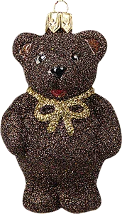 Brown teddy bear glass ornament with gold bow handcrafted in Poland