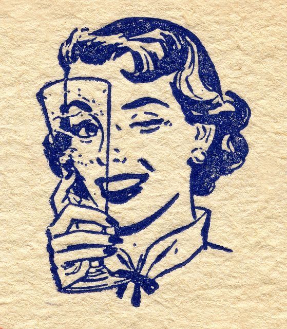 Blue ink drawing of a woman's face on beige paper