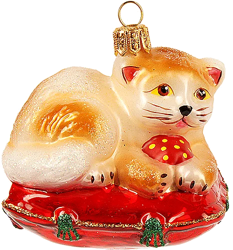 Hand-blown glass kitten on a red pillow ornament with festive shimmer from Poland