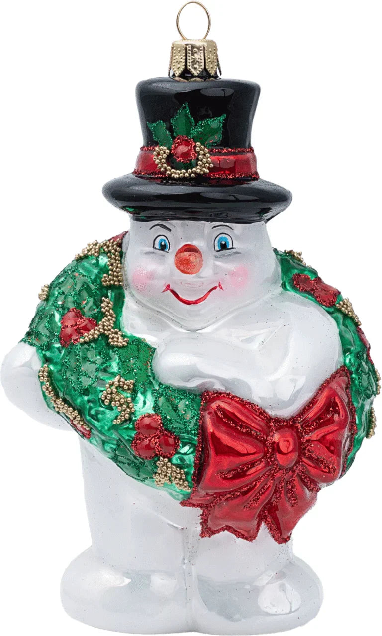 Hand-blown glass snowman ornament with Christmas wreath and red bow