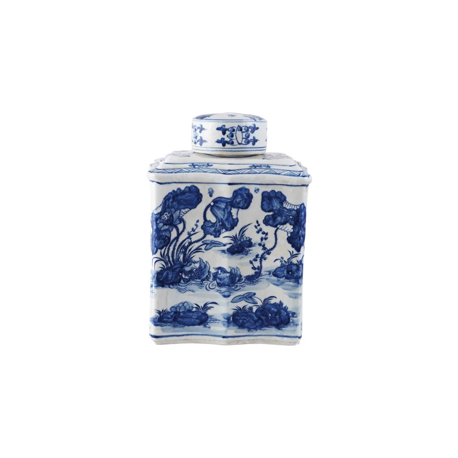Decorative Hand-Painted Stoneware Vintage Reproduction Ginger Jar w/ Water Landscape