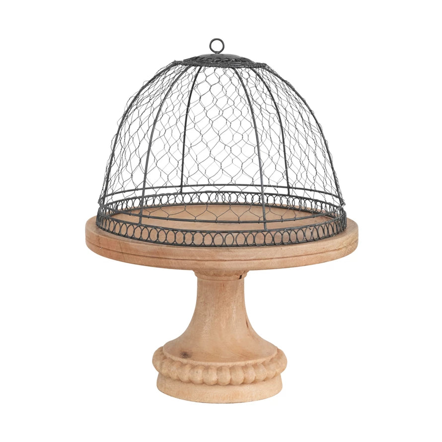 Metal Wire Cloche with Mango Wood Pedestal Base, Set of 2