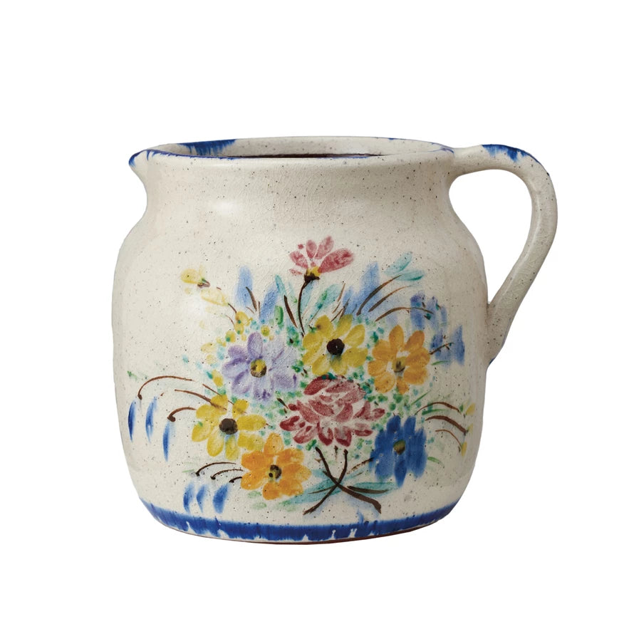 Decorative Terra-cotta Pitcher w/ Flowers & Handle (Each One Will Vary)