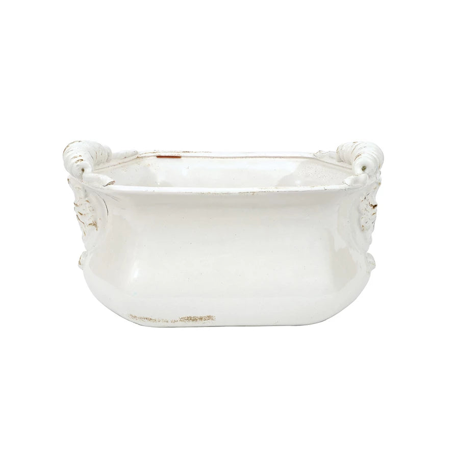 Terra-cotta Cachepot, Crackle Glaze, Distressed Finish, White (Each One Will Vary)