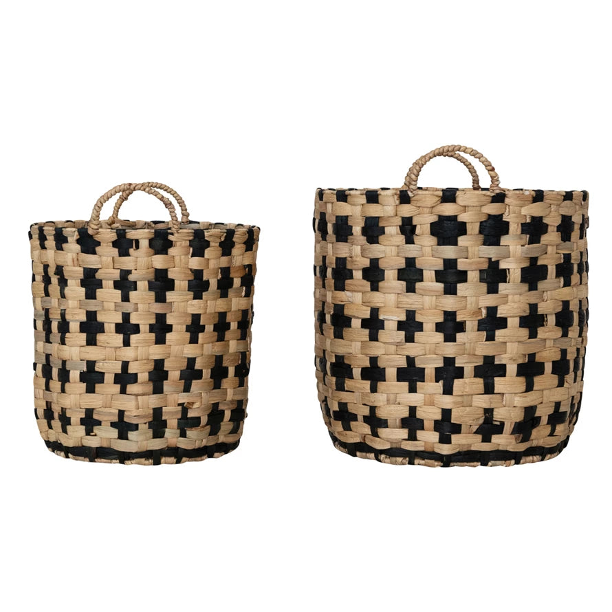 Woven Water Hyacinth Baskets w/ Handles, Natural & Black, Set of 2