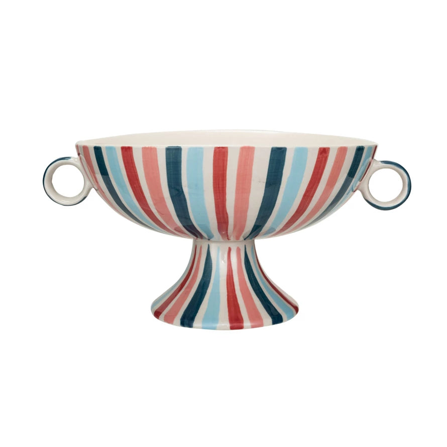 Hand-Painted Stoneware Footed Bowl w/ Handles & Stripes