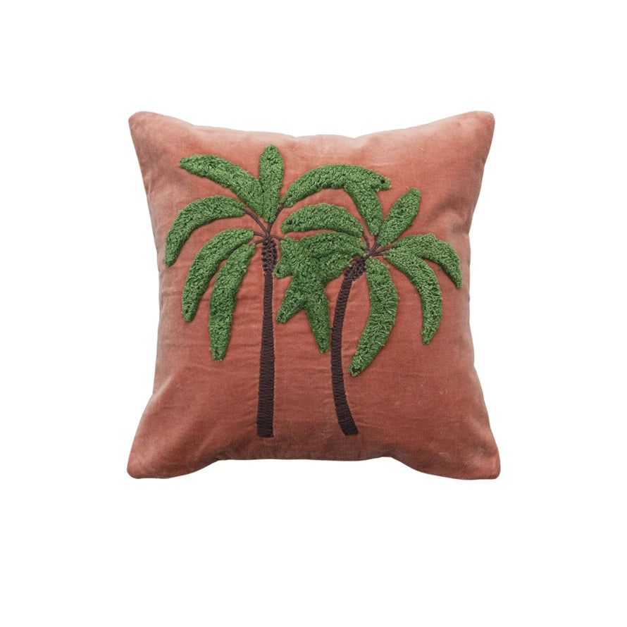 18" Square Cotton Velvet Pillow w/ Embroidered Tufted Palm Trees