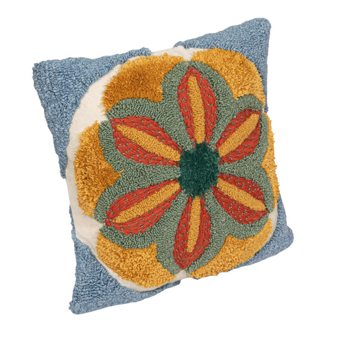 16" Square Fabric Tufted Indoor/Outdoor Pillow with Flower