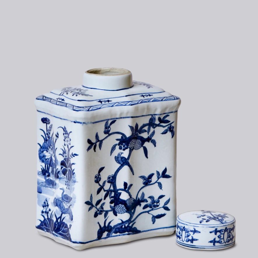 Bird and Flower Blue and White Porcelain Caddy