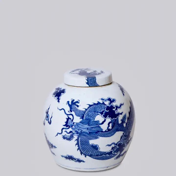 Blue and White Porcelain Dragon Lidded Round Storage Jar