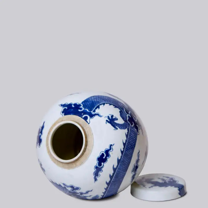 Blue and White Porcelain Dragon Lidded Round Storage Jar