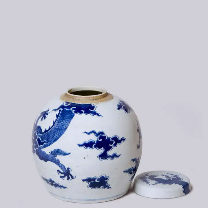 Blue and White Porcelain Dragon Lidded Round Storage Jar