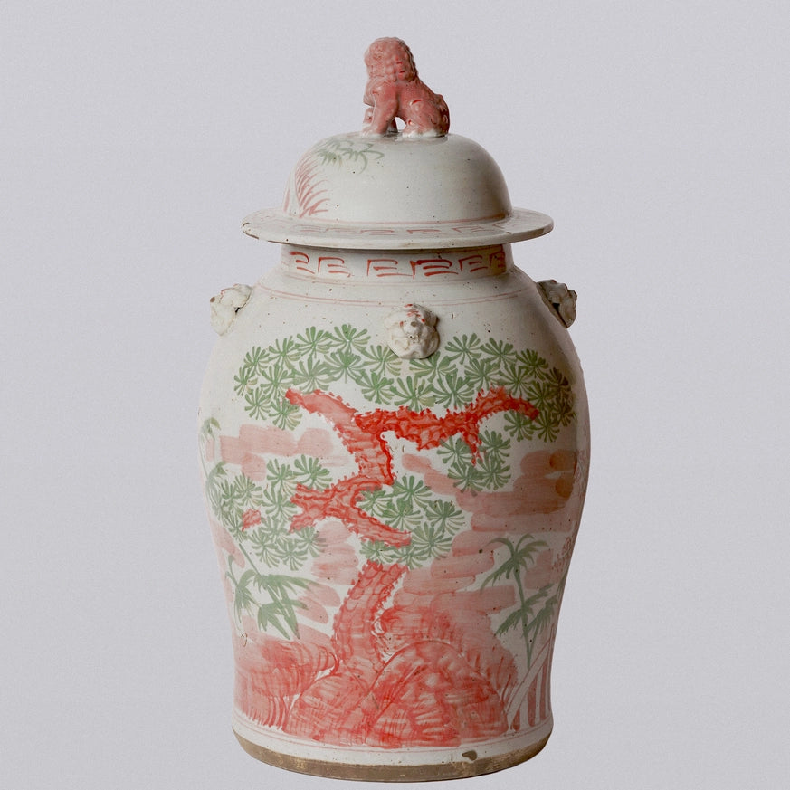 Large Pink & Green Porcelain Three Friends Temple Jar