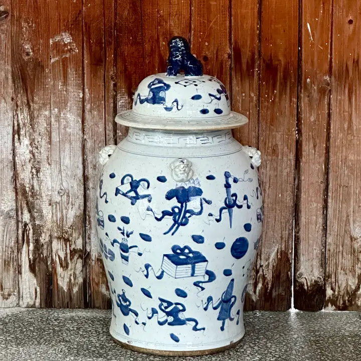 Extra Large Blue and White Treasures Porcelain Temple Jar