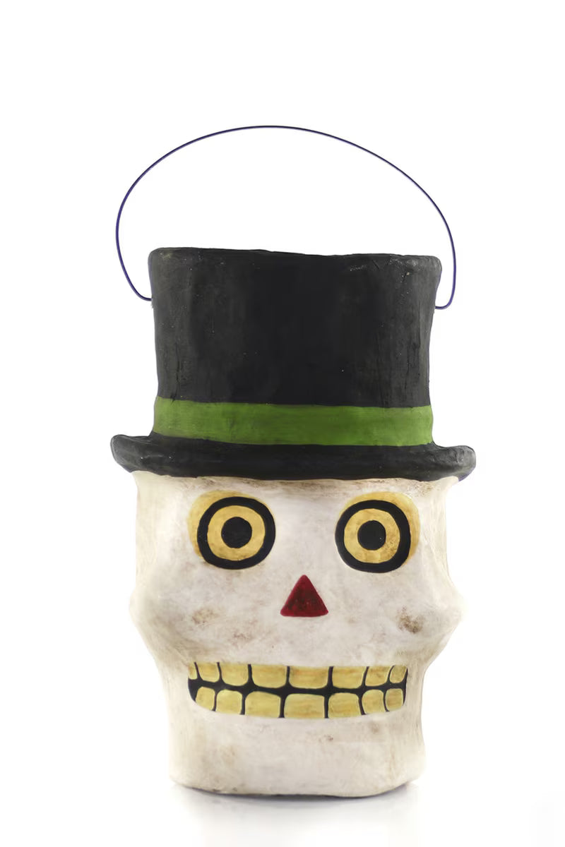 Skull w/ Top Hat Paper Mache Candy Bucket