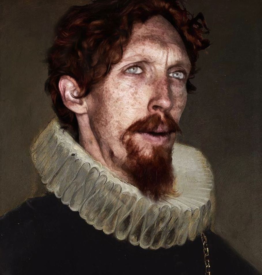 Portrait of a man with a ruffled collar and chain, set against a plain background