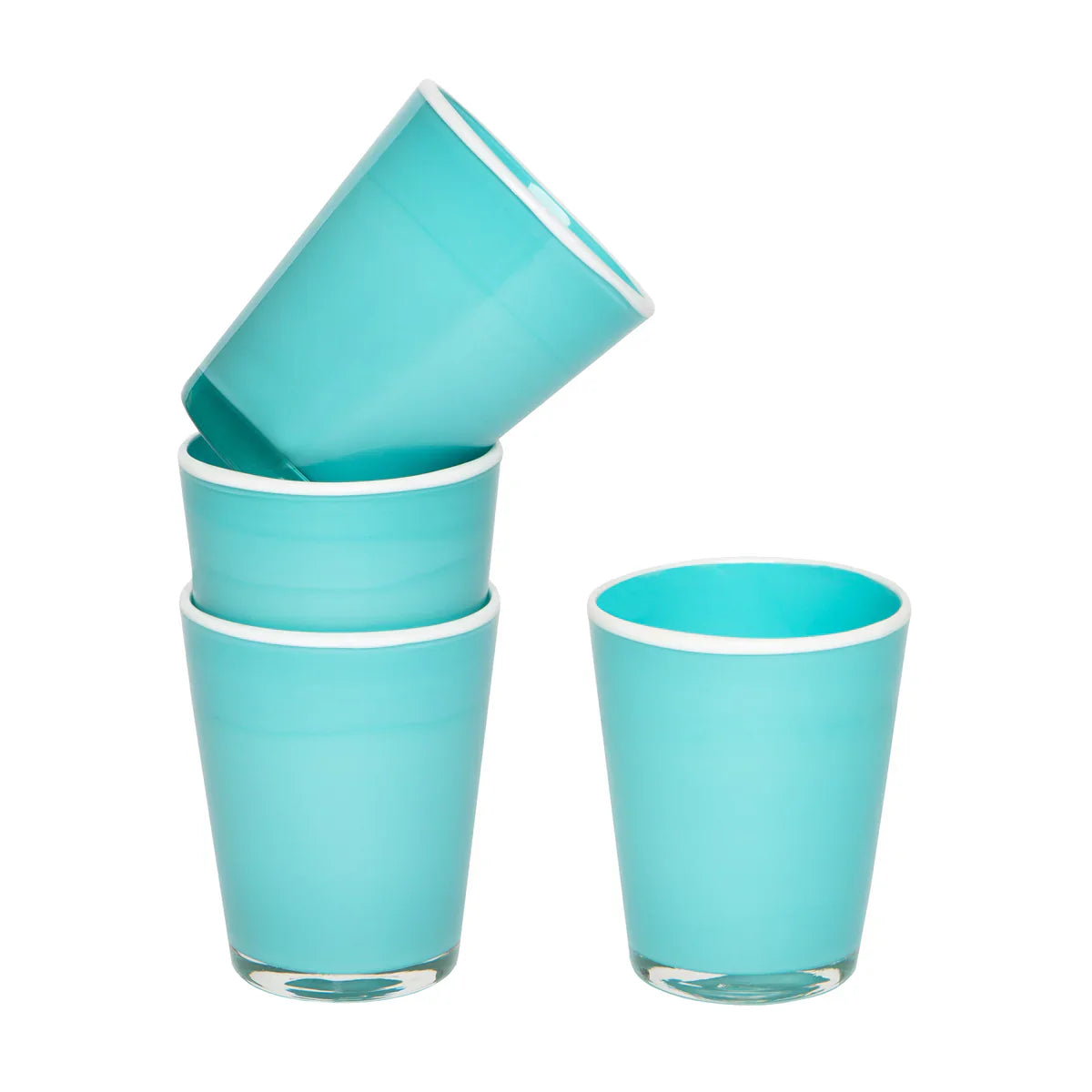 Set of four hand-blown turquoise and white summer glass tumblers with frosted finish and white rim