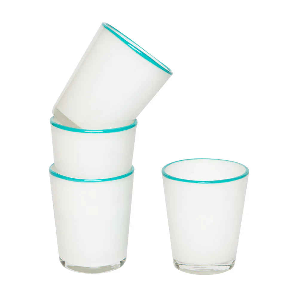 Set of 4 hand-blown white frosted summer glasses with turquoise rims