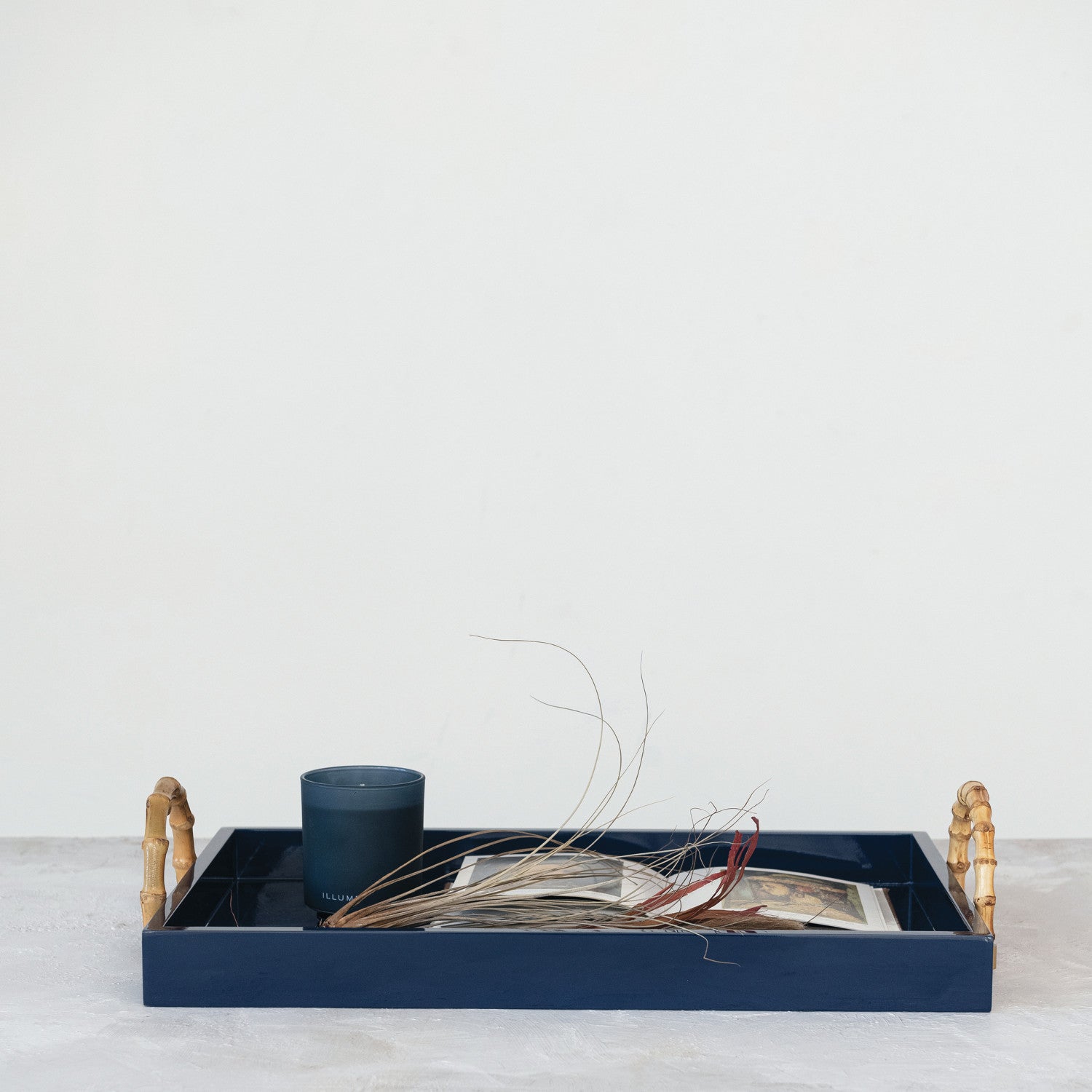 MDF Lacquered Tray w/ Bamboo Handles & Metal Detail