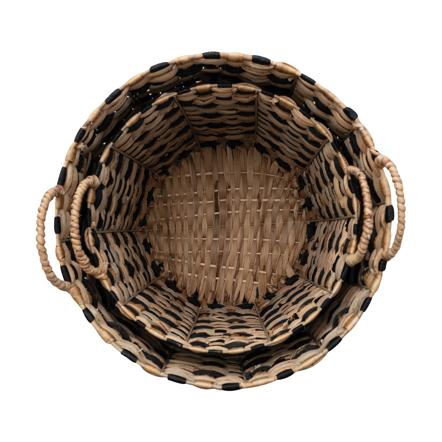 Woven Water Hyacinth Baskets w/ Handles, Natural & Black, Set of 2