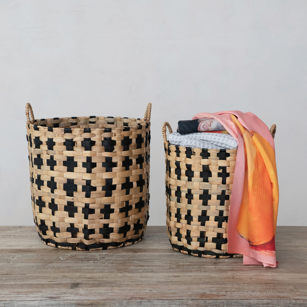 Woven Water Hyacinth Baskets w/ Handles, Natural & Black, Set of 2