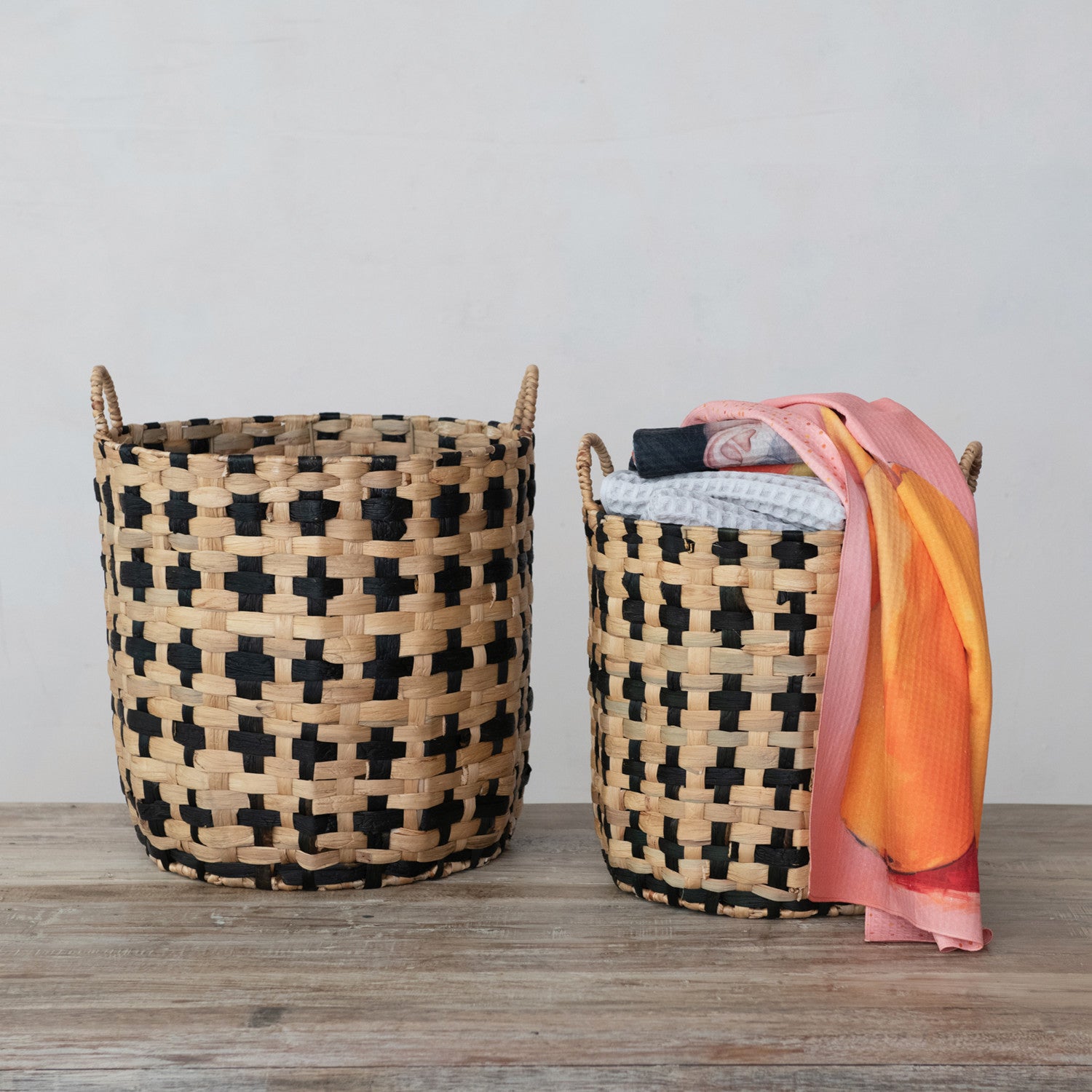 Woven Water Hyacinth Baskets w/ Handles, Natural & Black, Set of 2