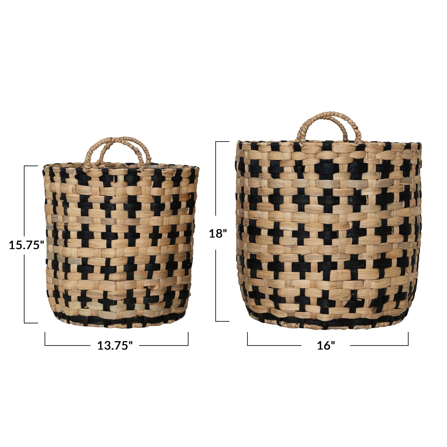 Woven Water Hyacinth Baskets w/ Handles, Natural & Black, Set of 2